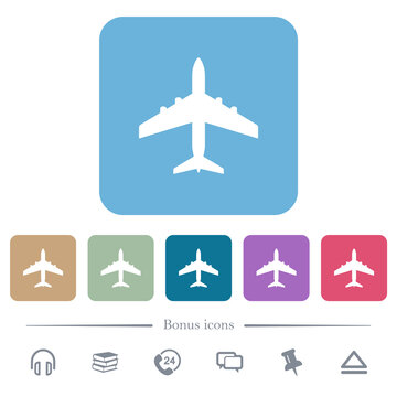 Passenger aircraft flat icons on color rounded square backgrounds