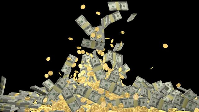 Dollars bills and gold coins falling - 3d render looped with alpha channel.
