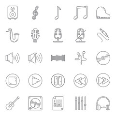 Best Collection of Music Icons with Outline Style Includes Headphone,  Piano, Microphone, Speaker, Tone, Melody. Perfect For Templates, Youtube Thumbnails, Instagram and Facebook Post, Marketing Ads.
