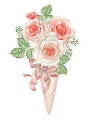 Watercolor blush pink rose bouquet in a pink paper cone. Card for wedding, valentines day, woman birthday, mothers day