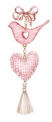 Watercolor valentines day textile heart and wooden bird garland, romantic elements.Elegant style. Hand-drawn illustration. 