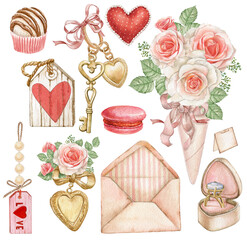 Watercolor valentines day set, romantic elements.Blush pink rose bouquet, engagement ring box, envelope,heart,key,chocolate candy. Elegant style. Hand-drawn illustration. Wedding and bridal shower set