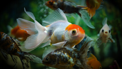 Beautifully colored goldfish swim in the clear aquarium water