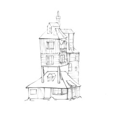 Wizard's house Illustration, Hand drawn sketch, Isolated on white