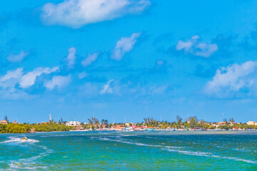 Panorama landscape view on beautiful Holbox island turquoise water Mexico.