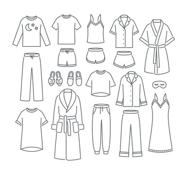 Women home clothes sleepwear. Simple flat thin line vector icons. Comfortable loungewear garments to wear in bed. Pants, shorts, shirts and tops, pajamas, bathrobe, nightdress, sweatpants and slippers