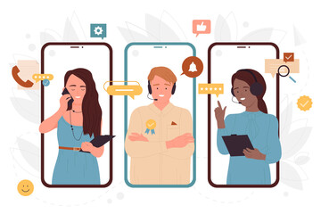 Team of operators with headsets work in customer call service vector illustration. Cartoon employees of hotline center talking with clients online on screens of mobile phones. Helpline concept