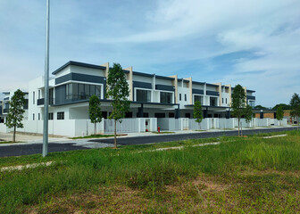 SEREMBAN, MALAYSIA -APRIL 16, 2020: Selected focused on new double story terrace house under construction in Malaysia. Designed by an architect with a modern and contemporary style. 