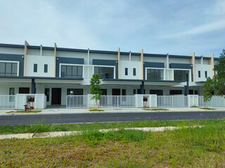 SEREMBAN, MALAYSIA -APRIL 16, 2020: Selected focused on new double story terrace house under construction in Malaysia. Designed by an architect with a modern and contemporary style. 