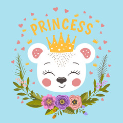 Princess with crown. Cute bear girl with flowers. Vector illustration for t-shirt graphics, fashion prints and other uses