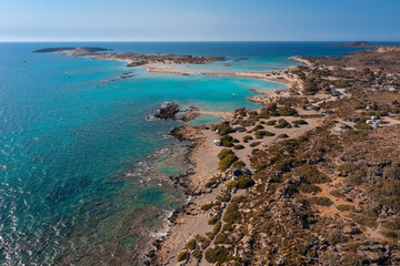 Fototapeta na wymiar Aerial view of beautiful tropical sandy beach with turquoise water, Elafonisi beach, Crete, Greece