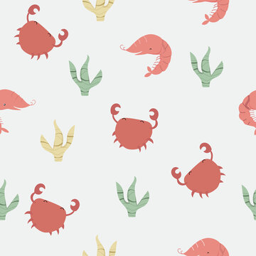 Vector cartoon cute seamless pattern with red crabs and shrimps. Kids background with seaweed in flat style.

