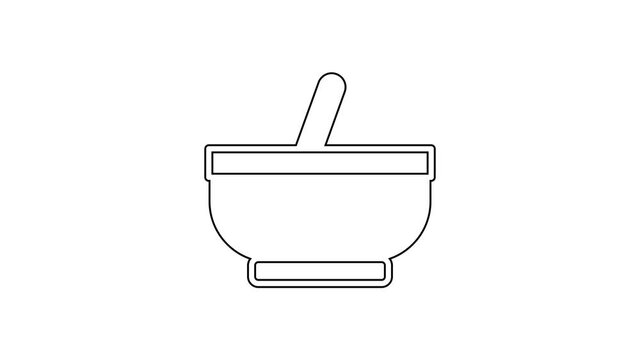 Black line Mortar and pestle icon isolated on white background. 4K Video motion graphic animation