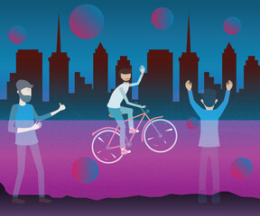Flat design of digital technology,The young man rides his bicycle in virtual world - vector