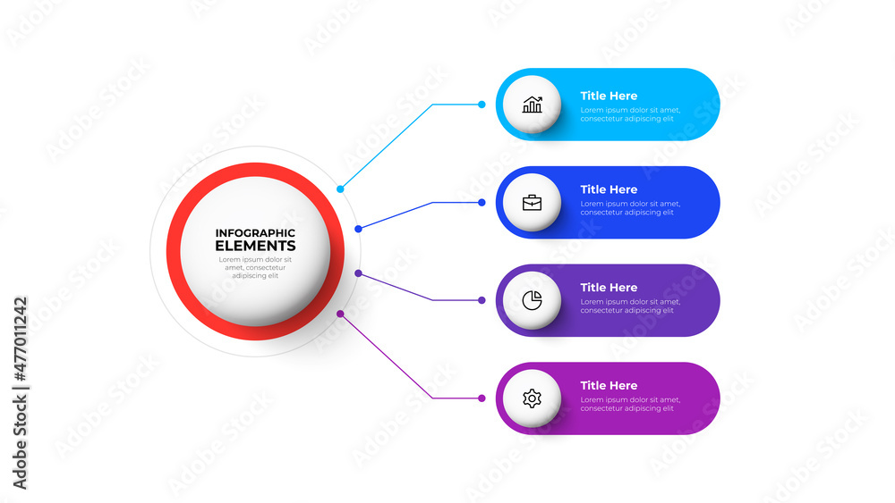 Poster Flow chart with 4 rounded elements connected to main circle. Concept of four stages of business project. Modern infographic design template.