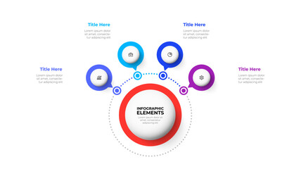 Modern infographic design template. Flow chart with 4 circles connected to main big circle. Concept of four stages of business project.