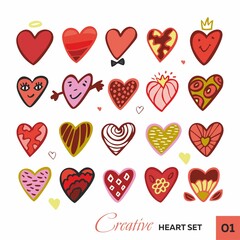 Set of decorative creative cartoon hearts isolated on white. Collection of doodle abstract cute Valentine's day symbols for postcards, posters, stickers, wall decor. Signs of love. Vector illustration