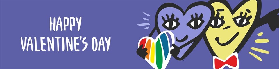 Horizontal purple banner concept with abstract creative hearts for Valentine's Day. Poster with cute symbols with fireworks of lovers and lettering. Greeting card. Cartoon flat vector illustration