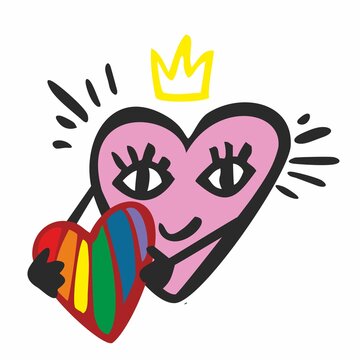 Smiling heart in a crown with rays holds a rainbow heart. Symbol of Valentine's Day. LGBT rainbow heart. Sign of the holiday of all lovers for postcards, invitations. Cartoon cute vector illustration.