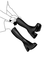 Trendy women's black boots with high thick heels. The girl puts on shoes. Feet in shoes. Illustration