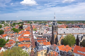 Fototapeta premium Sunny summer aerial cityscape of Gouda, cheese capital town in Netherlands 