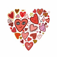 Composition of decorative cute characters hearts in heart shape. Symbol of Valentine's Day. Banner of lovers holiday. Sticker for newlyweds. Wedding greeting card template. Cartoon Vector illustration