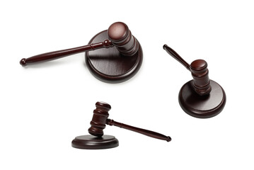 Wooden judge gavel and soundboard isolated on a white background.