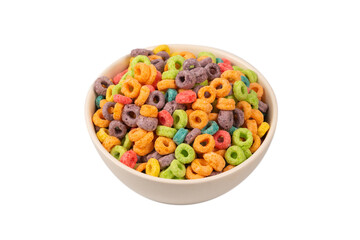 Colorful rings cereal spill out into a bowl. Breakfast. Isolated.