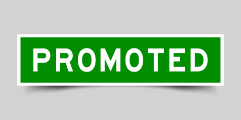 Square label banner with word promoted in green color on gray background