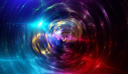 Abstract multicolored geometric illustration with circles. Blurred background of the movement of lines.