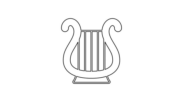 Black line Ancient Greek lyre icon isolated on white background. Classical music instrument, orhestra string acoustic element. 4K Video motion graphic animation