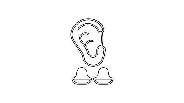Black line Earplugs and ear icon isolated on white background. Ear plug sign. Noise symbol. Sleeping quality concept. 4K Video motion graphic animation