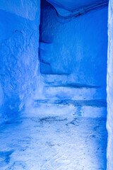 Steps entrance inside building of old traditional town at Chefchaouen, the blue city in the Morocco