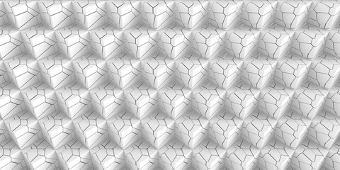 Abstract background of many white cubes in cracks. Geometric design. 3D visualization