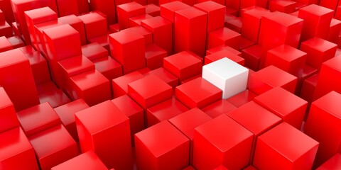 Abstract background of many red and one white cube. Geometric concept. 3D visualization