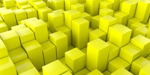 Abstract background of many yellow cubes. Geometric design. 3D visualization