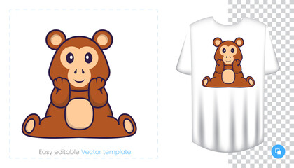 Cute monkey character. Prints on T-shirts, sweatshirts, cases for mobile phones, souvenirs. Isolated vector illustration on white background.