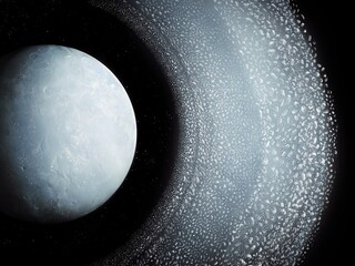 Planet with rings. A ring of meteorites, blocks of ice and dust around a large exoplanet. View from space 3d illustration.  © Nazarii