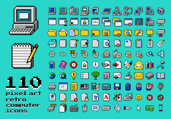 Retro computer interface elements set. Old PC UI icon assets for computer, folder, notepad text document, media laser compact disc, folder, battery, storage, media. 110 isolated items - obrazy, fototapety, plakaty