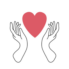 Charity and volunteering, social support, hope, protect love concept. Hands and heart. Outline hands. Flat design.