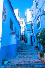 Fototapeta na wymiar Blue colored residential alley with staircase and potted plants leading to houses on both side, the blue city in the Morocco