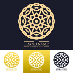 Simple luxury round floral logo design in gold color with trendy linear or line art mandala concept. Vector illustration template for hotel, Spa, Restaurant, VIP, Fashion and Premium brand identity.