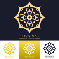 Simple luxury round floral logo design in gold color with trendy linear or line art mandala concept. Vector illustration template for hotel, Spa, Restaurant, VIP, Fashion and Premium brand identity.