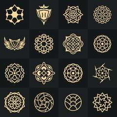 Luxury round flower logo designs in gold color with trendy linear or line art mandala concept. Set vector illustration for hotel, Spa, Restaurant, VIP, Fashion and Premium brand identity.