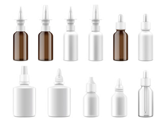 Dropper and spray bottles mockup set. 3d Realistic medical containers for nasal, eye drops, aromatic oil. Vector isolated plastic and glass bottles with screw lids on white background - obrazy, fototapety, plakaty