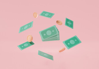 Banknotes cash floating on pink background.Banking investment, transaction, growth money, Money saving, Business finance, payment transfer, dollar bill. minimal cartoon. 3d rendering illustration