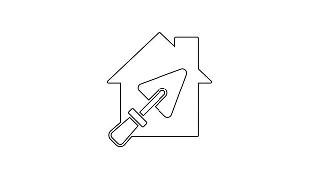 Black line House or home with trowel icon isolated on white background. Adjusting, service, setting, maintenance, repair, fixing. 4K Video motion graphic animation