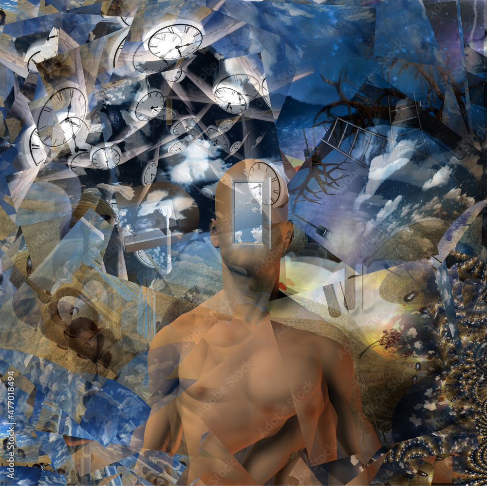 Poster man with a clocks and fractals