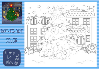 Naklejka premium children's developing game. connect the dots. coloring. Christmas decorated fir tree standing in the snow.