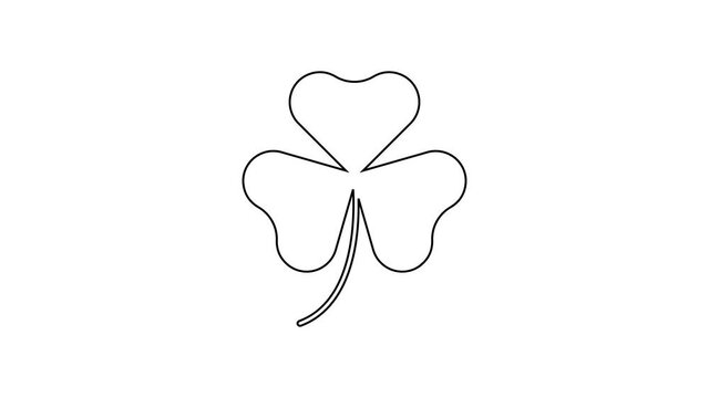 Black line Clover trefoil leaf icon isolated on white background. Happy Saint Patricks day. National Irish holiday. 4K Video motion graphic animation